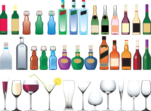 Diferentes botellas, tazas y vasos — Vector de stock