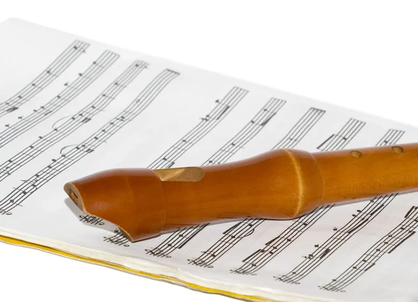 Recorder on a sheet music — Stock Photo, Image