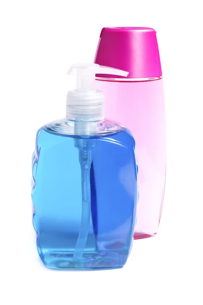 Üvegek színes folyékony szappan — Stock Fotó