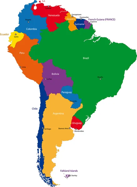 Carte colorée d'Amérique du Sud — Image vectorielle