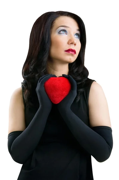 Donna con cuore rosso, isolata su bianco — Foto Stock