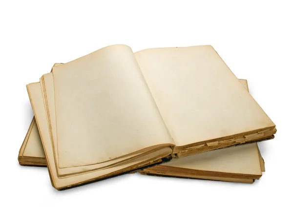 Apri libro antico con pagine bianche, isol — Foto Stock