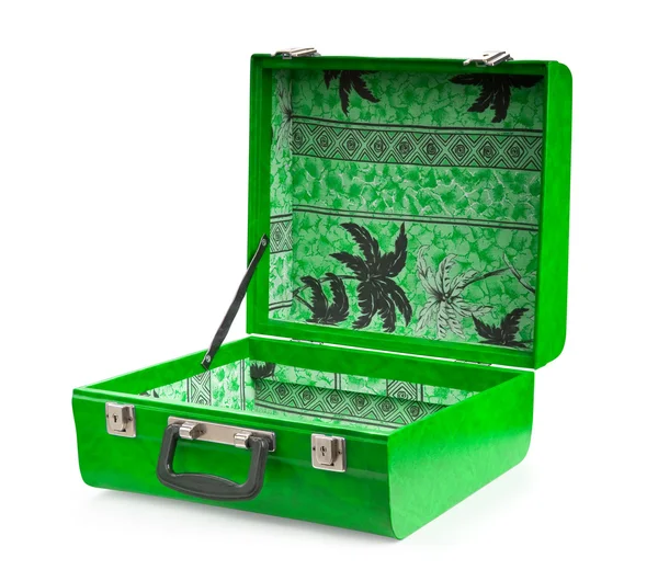 Open groene koffer, geïsoleerd op witte b — Stockfoto