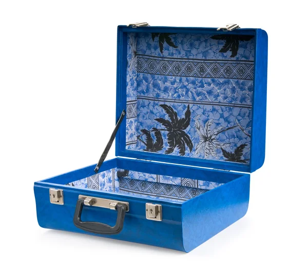 Blauwe koffer, geïsoleerd op witte ba openen — Stockfoto