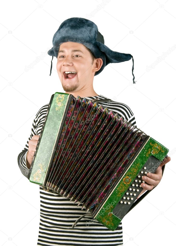 Russian man with accordion, isolated on
