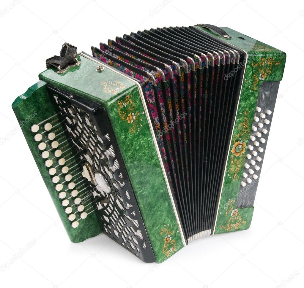 Green Accordion, isolated on white backg