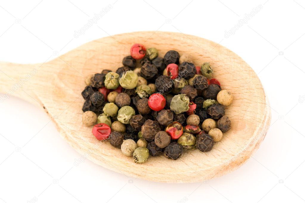 Mixed Peppercorns on a Wooden Spoon