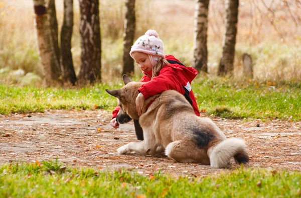 Meisje met haar hond spelen — Stockfoto