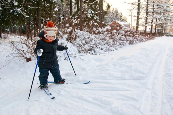 Küçük çocuk cross country kayak — Stok fotoğraf