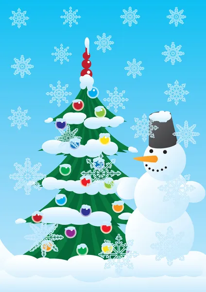 Sneeuwpop en Kerstmis spar — Stockvector