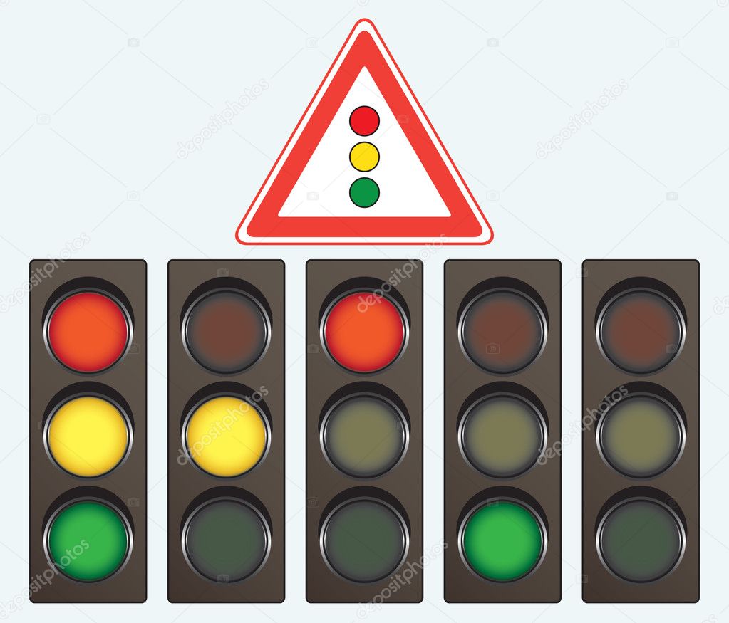 Different traffic light and road sign on a light background
