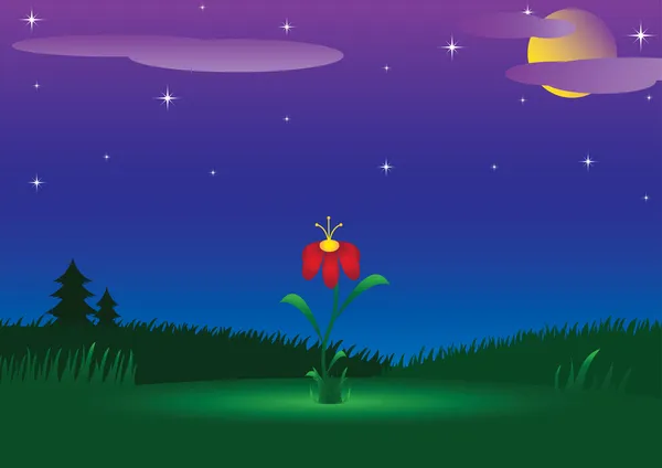 Ночной пейзаж с сияющим цветком — стоковый вектор