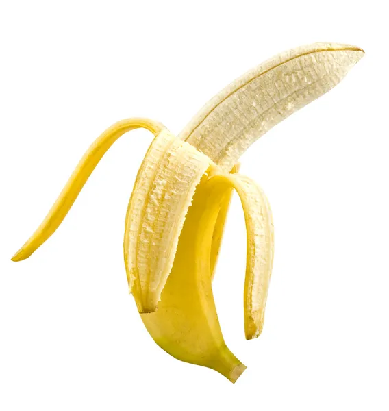 Uma banana madura aberta no fundo branco — Fotografia de Stock
