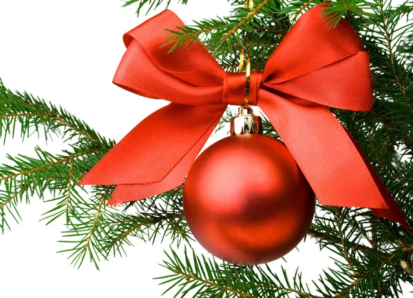 Christmas pine branch with a red ball an — Stock Photo, Image