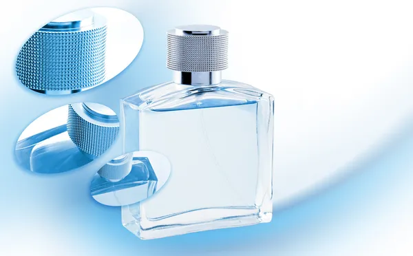 Perfume masculino. Garrafa spray cor azul. Gl — Fotografia de Stock