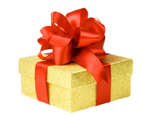 Gold gift box with red ribbons — Stock Photo, Image