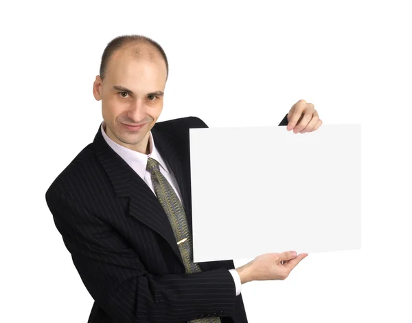 Onun önünde boş bir tabela holding adam — Stok fotoğraf