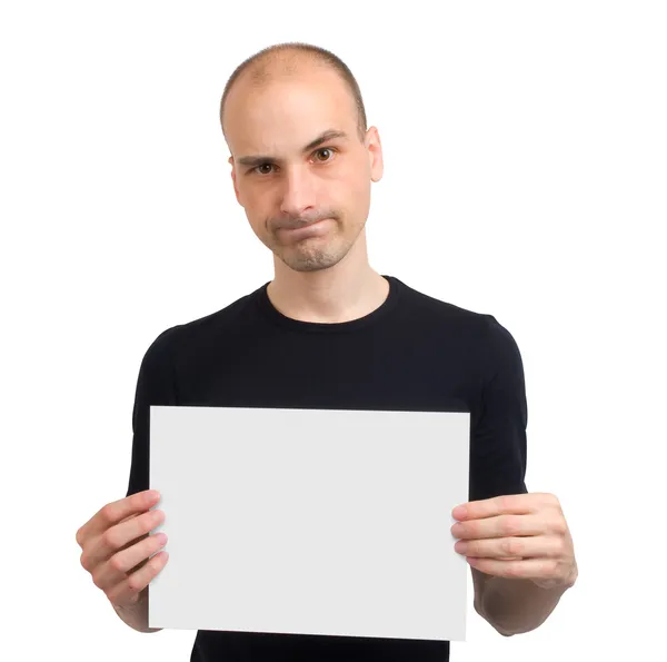 Uomo in possesso di carta bianca vuota — Foto Stock