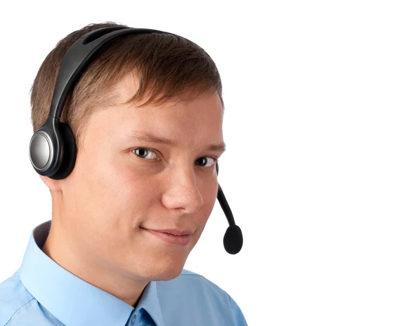 Homem de negócios sorridente com fone de ouvido — Fotografia de Stock