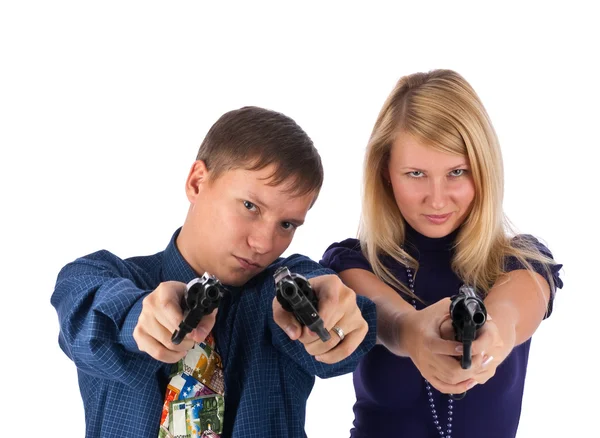 Man and woman with guns — Stock Photo, Image
