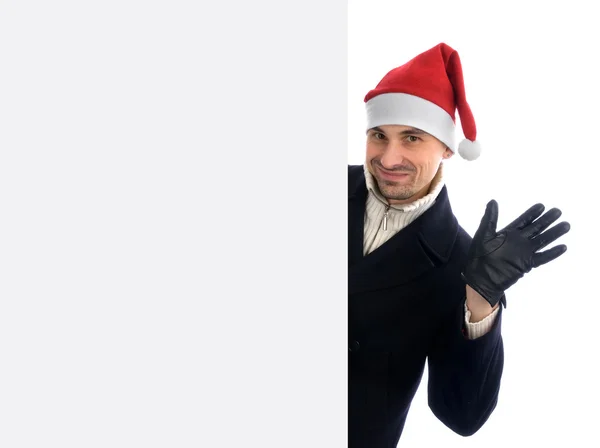 Man standing by white blank card — Stock Photo, Image