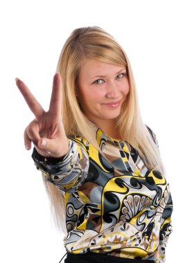 Young lady showing victory sign clipart