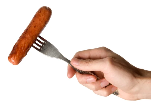 Fried Sausage on a fork — Stock Photo, Image