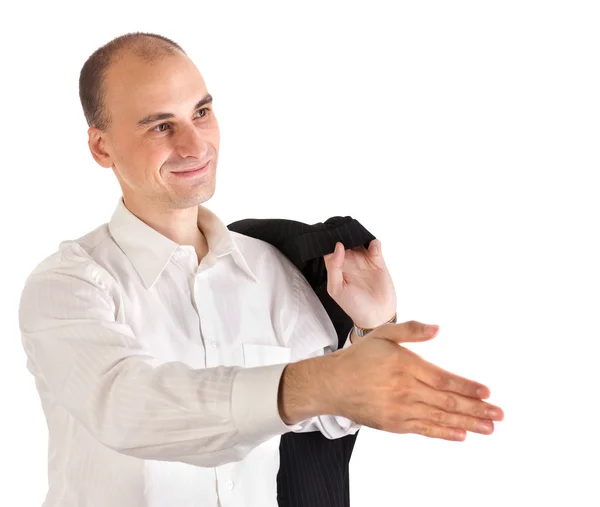 Lachende zakenman klaar voor handbewegingen — Stockfoto