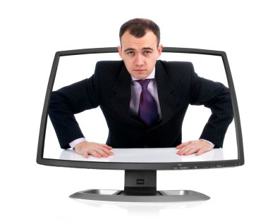 Man looks out through the monitor clipart