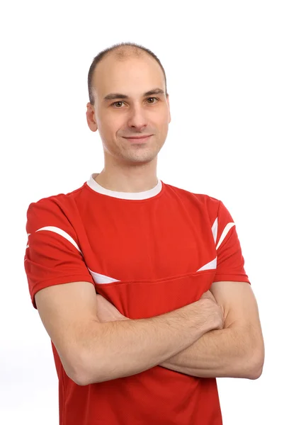 Homem bonito em uma camiseta vermelha — Fotografia de Stock
