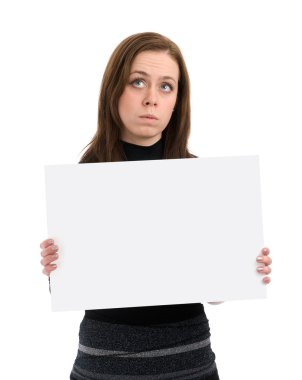 Sad woman with a blank sheet of paper clipart