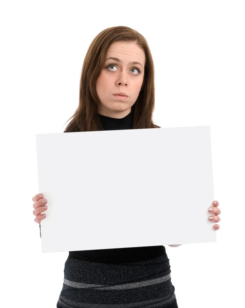 Mulher triste com uma folha de papel em branco — Fotografia de Stock