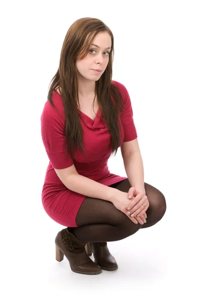 Atrakcyjny wesoły kobieta siedzi — Zdjęcie stockowe