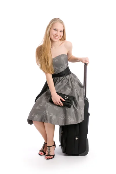 Mujer joven con maleta de viaje —  Fotos de Stock