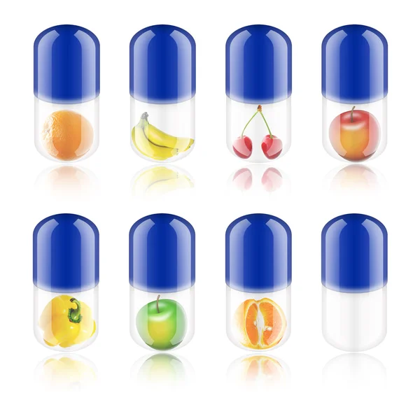 Collection blue pill with fruit — Stock Photo, Image