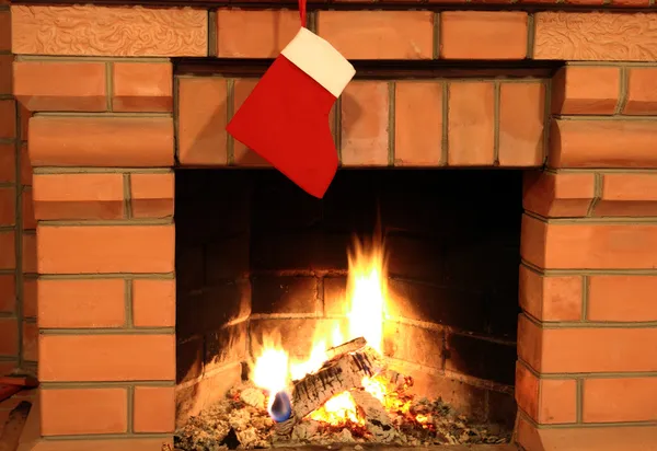 Fireplace With Christmas Stocking — Stockfoto