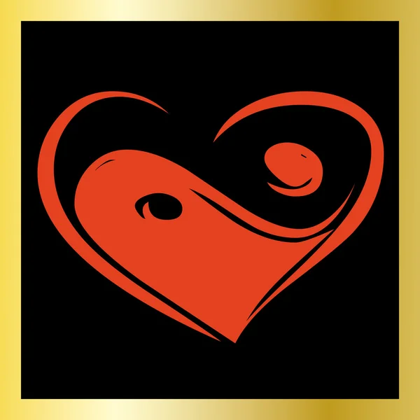 Röd yin yan hjärtat på svart bakgrund — Stock vektor