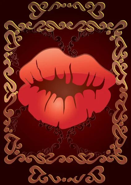 Red lips on brown Valentine card — Stockvector