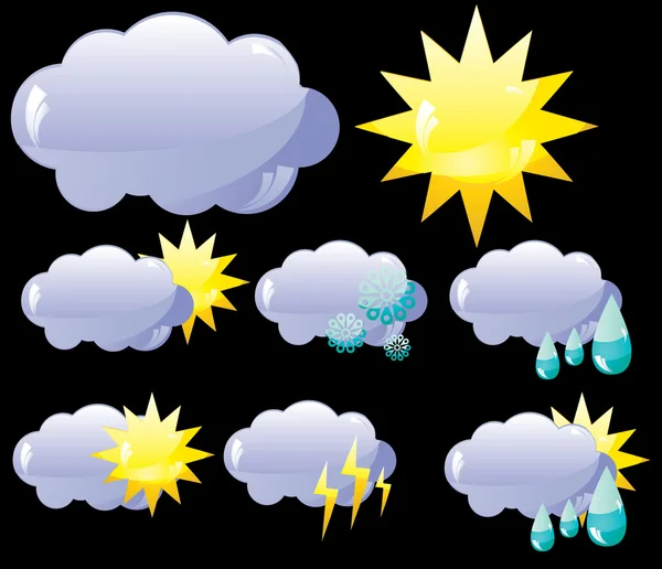 Iconos meteorológicos sobre fondo negro — Vector de stock