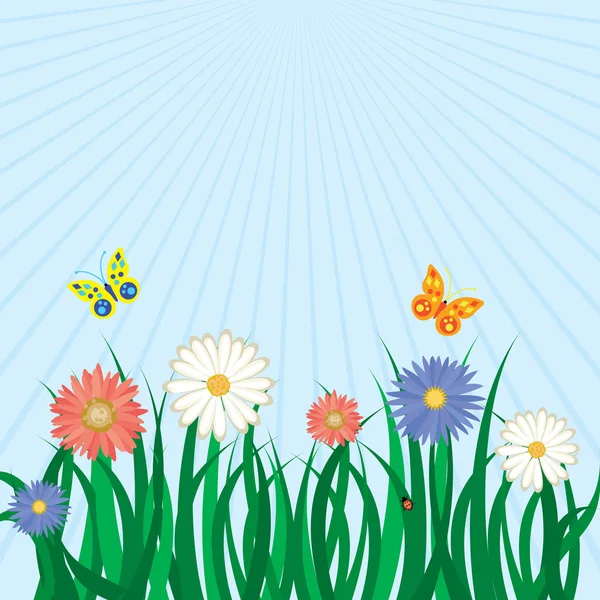 草、 天空、 花朵、 蝴蝶 — 图库矢量图片