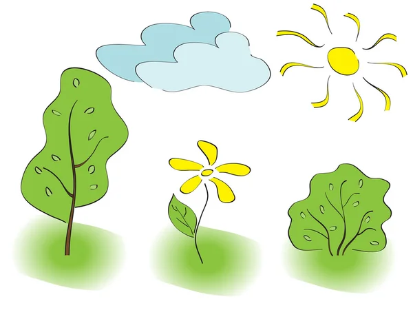 Nuage soleil arbre fleur buisson — Image vectorielle