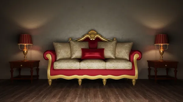 Классический диван и две настольные лампы — стоковое фото