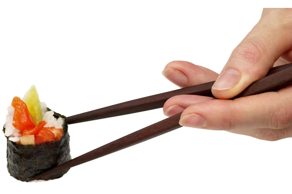 Roll with salmon in chopsticks (path iso — Stock Photo, Image