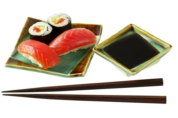 Sushi and roll with salmon isolated ove — Stock Photo, Image