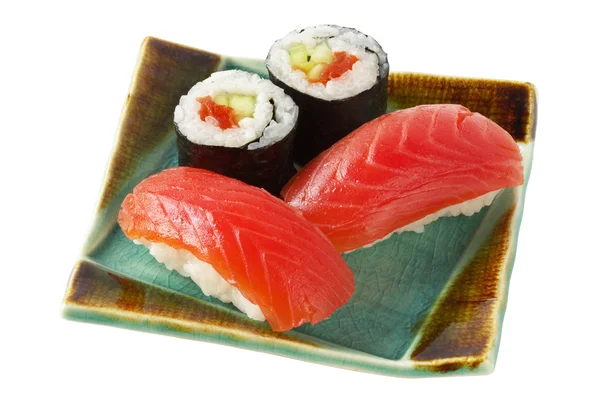 Sushi and roll with salmon isolated ove — Stock Photo, Image