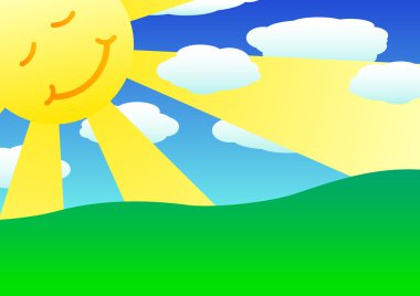 Sun, clouds and green hills clipart