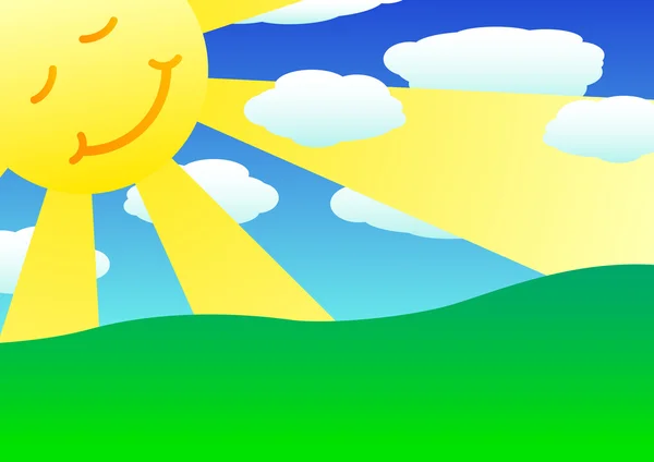 太陽と雲と緑の丘 — ストックベクタ