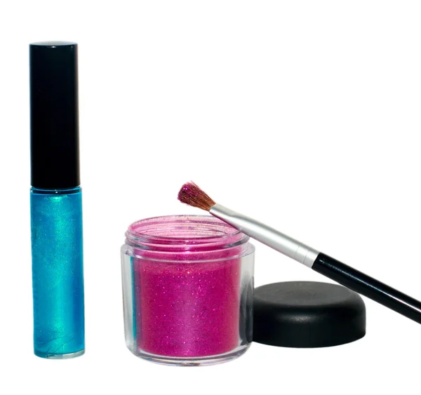 Cepillo de maquillaje y cosméticos —  Fotos de Stock