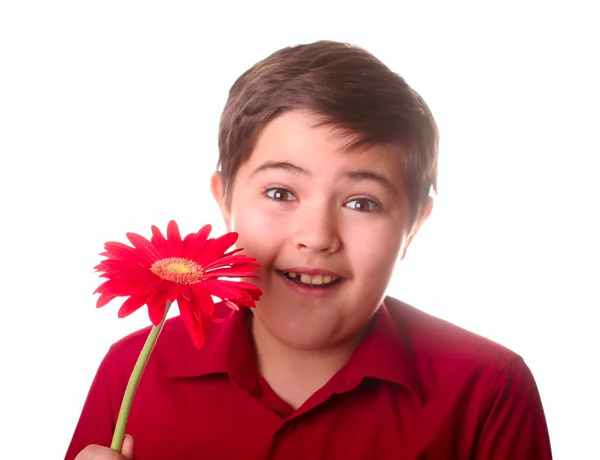 Έφηβος και κόκκινο λουλούδι — Φωτογραφία Αρχείου