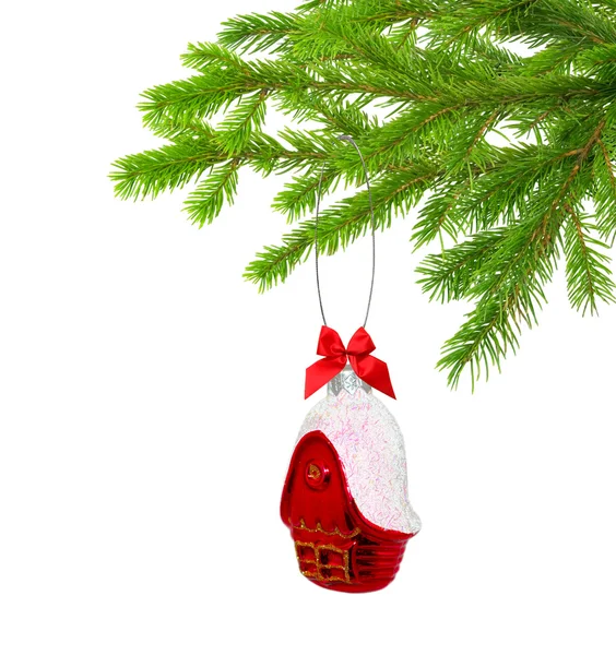 Casa de brinquedo de Natal na árvore — Fotografia de Stock